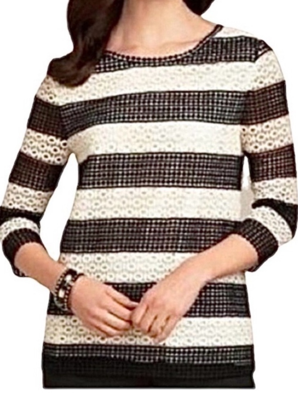 Talbots Eyelet Overlay Black & Cream Striped Top Sz S